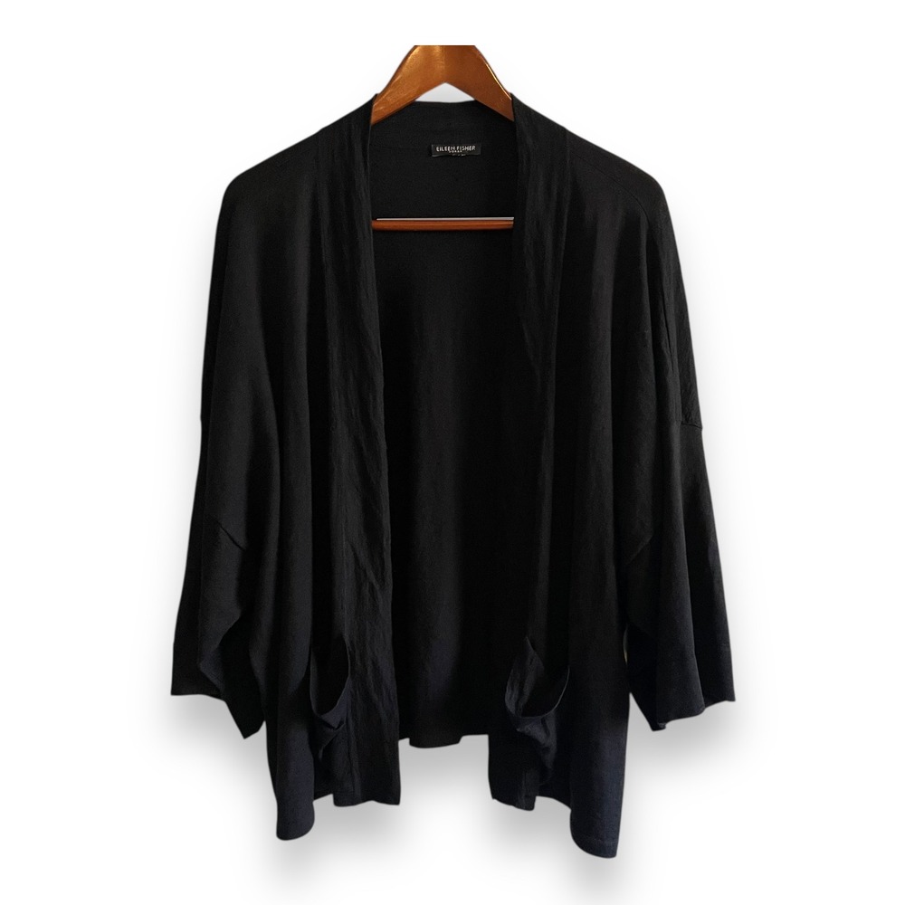 Eileen Fisher Woman Black Organic Linen Blend Open Front Cardigan Pockets 3X